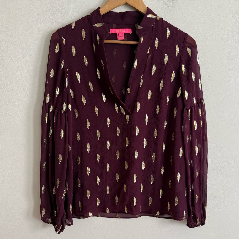 Maeve Maroon Blouse with Metallic Leaf Pattern